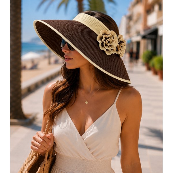 Straw Visor Hats - Foldable Accent With Matching Flowers - Brown - HT-5250BN